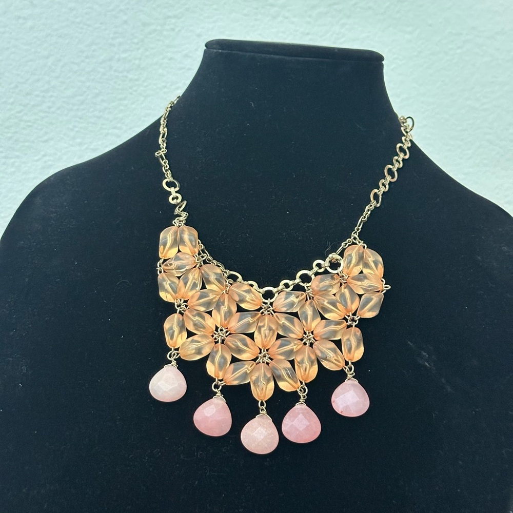 Coldwater Creek Gold with Pink and Peach Orange colored beaded Floral Necklace